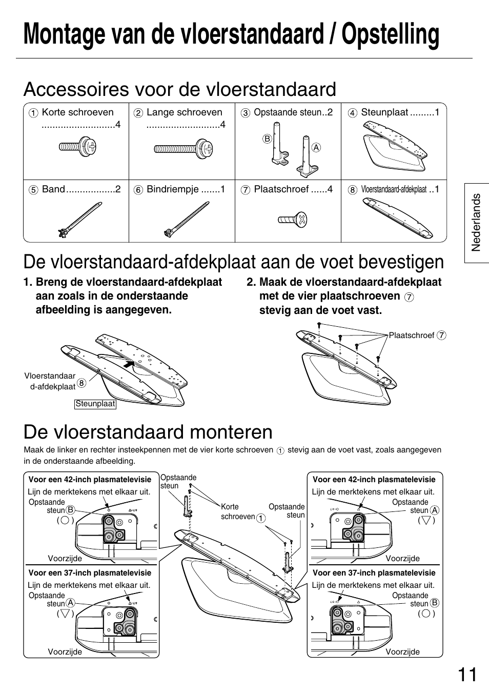 Montage van de vloerstandaard / opstelling, Accessoires voor de vloerstandaard, De vloerstandaard monteren | Panasonic TYST42PA50W User Manual | Page 11 / 36