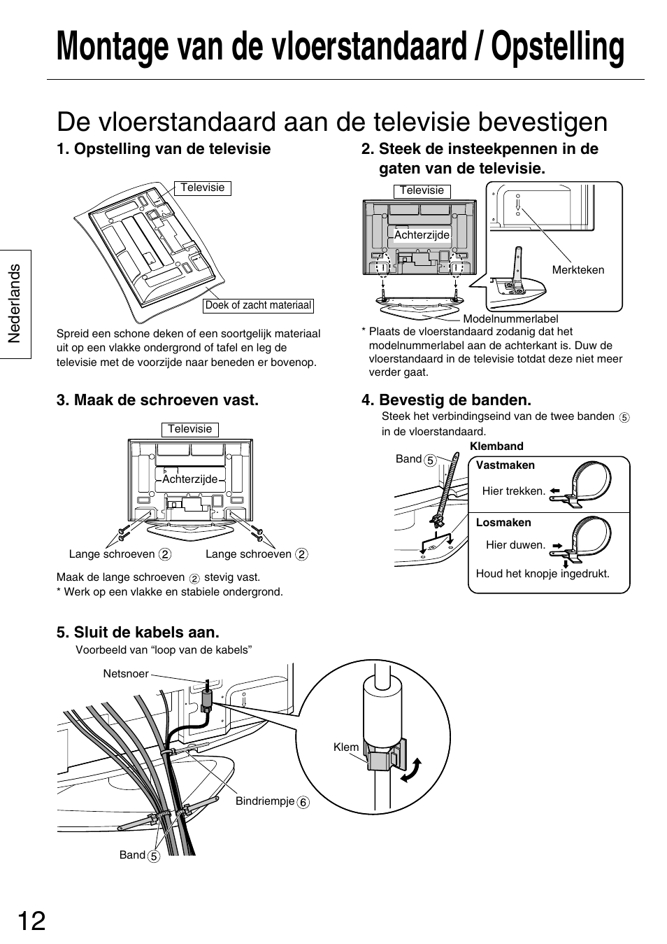 Montage van de vloerstandaard / opstelling, De vloerstandaard aan de televisie bevestigen | Panasonic TYST42PA50W User Manual | Page 12 / 36
