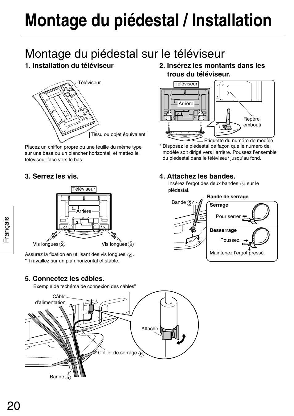 Montage du piédestal / installation, Montage du piédestal sur le téléviseur | Panasonic TYST42PA50W User Manual | Page 20 / 36