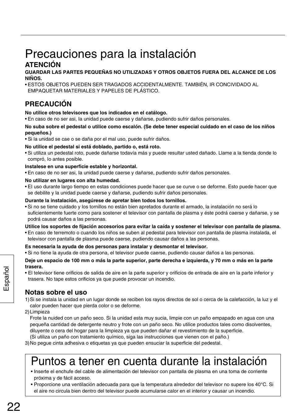 Precauciones para la instalación, Puntos a tener en cuenta durante la instalación | Panasonic TYST42PA50W User Manual | Page 22 / 36