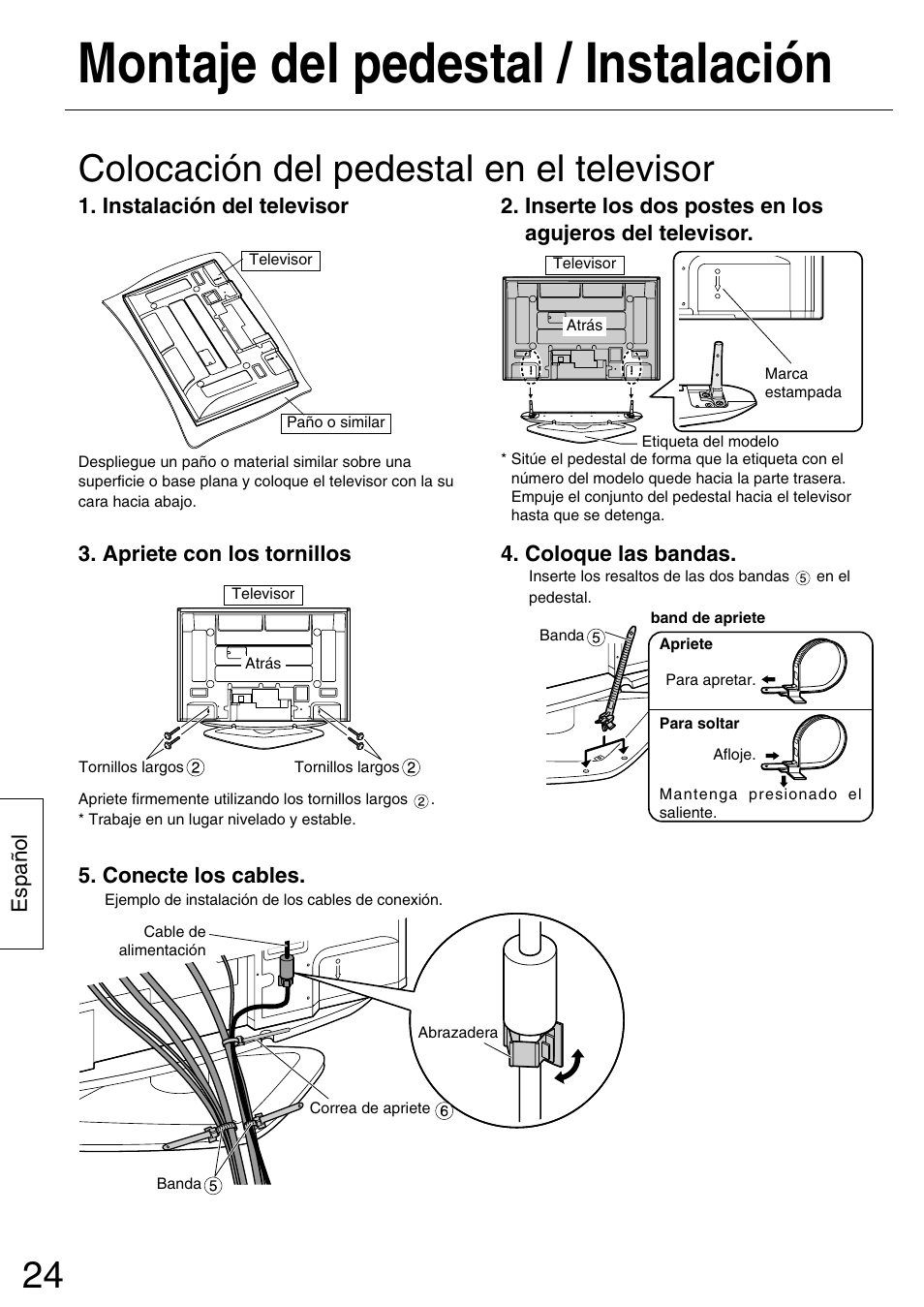 Montaje del pedestal / instalación, Colocación del pedestal en el televisor | Panasonic TYST42PA50W User Manual | Page 24 / 36