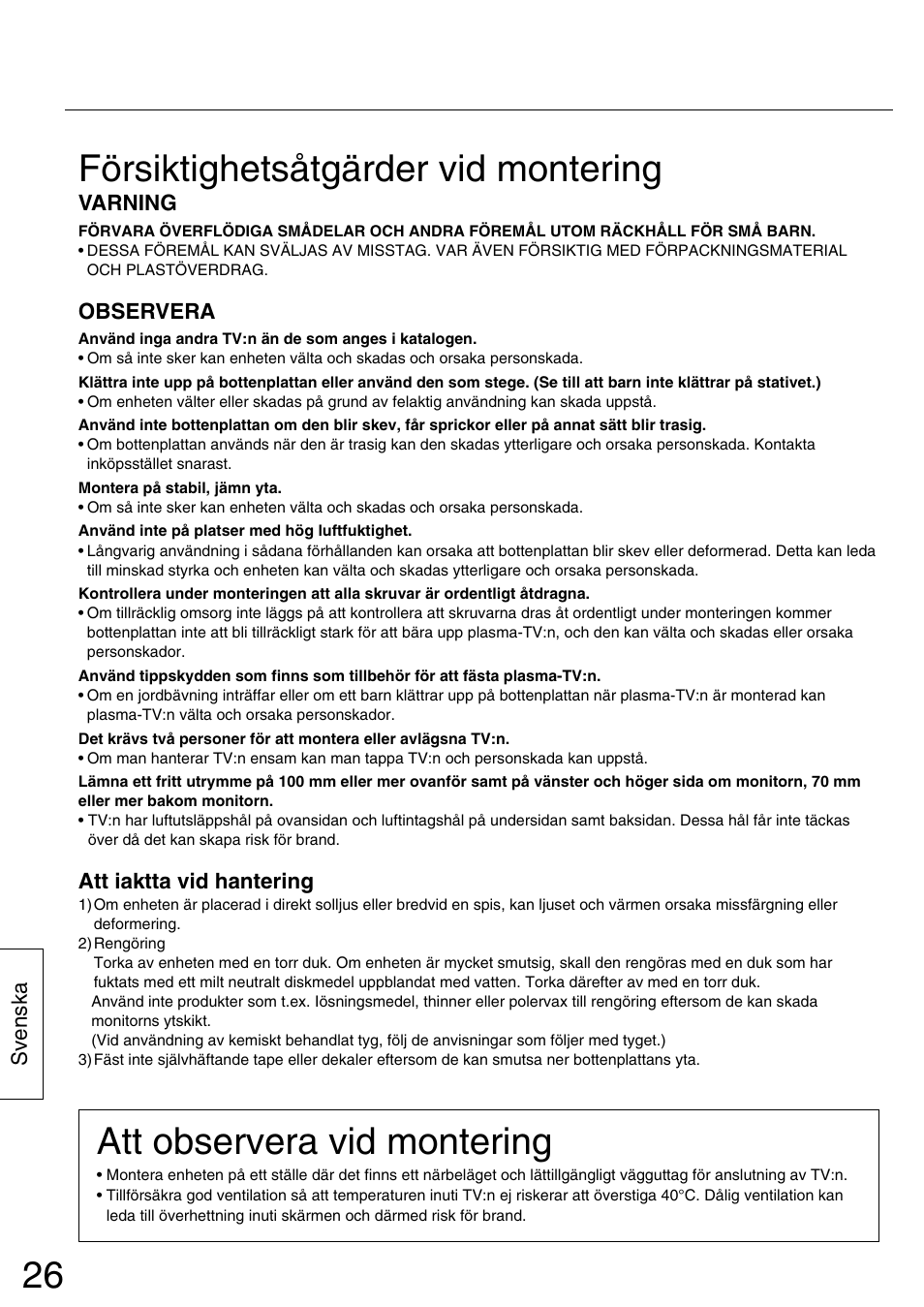 Försiktighetsåtgärder vid montering, Att observera vid montering | Panasonic TYST42PA50W User Manual | Page 26 / 36