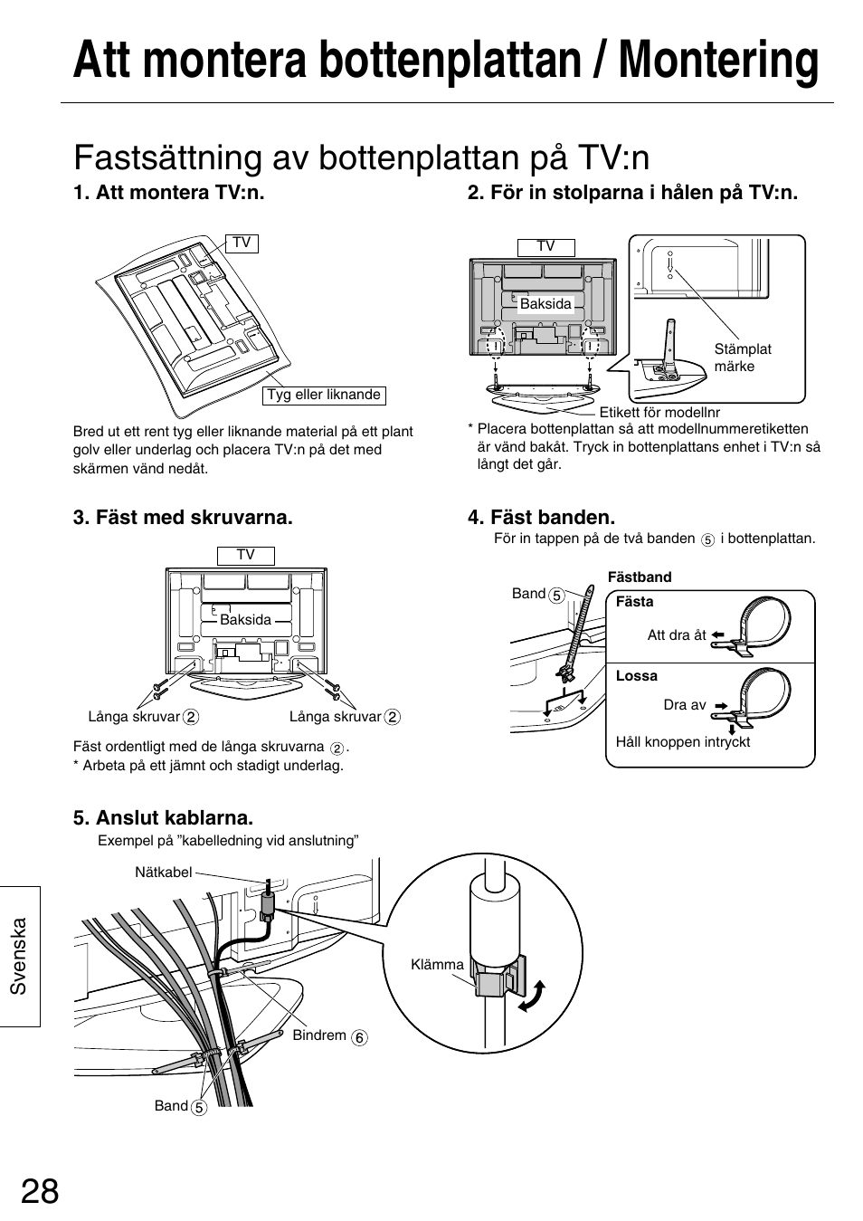 Att montera bottenplattan / montering, Fastsättning av bottenplattan på tv:n | Panasonic TYST42PA50W User Manual | Page 28 / 36