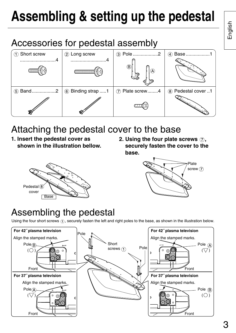 Assembling & setting up the pedestal, Accessories for pedestal assembly, Attaching the pedestal cover to the base | Assembling the pedestal | Panasonic TYST42PA50W User Manual | Page 3 / 36