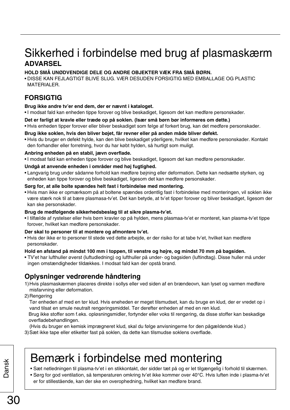 Sikkerhed i forbindelse med brug af plasmaskærm, Bemærk i forbindelse med montering | Panasonic TYST42PA50W User Manual | Page 30 / 36