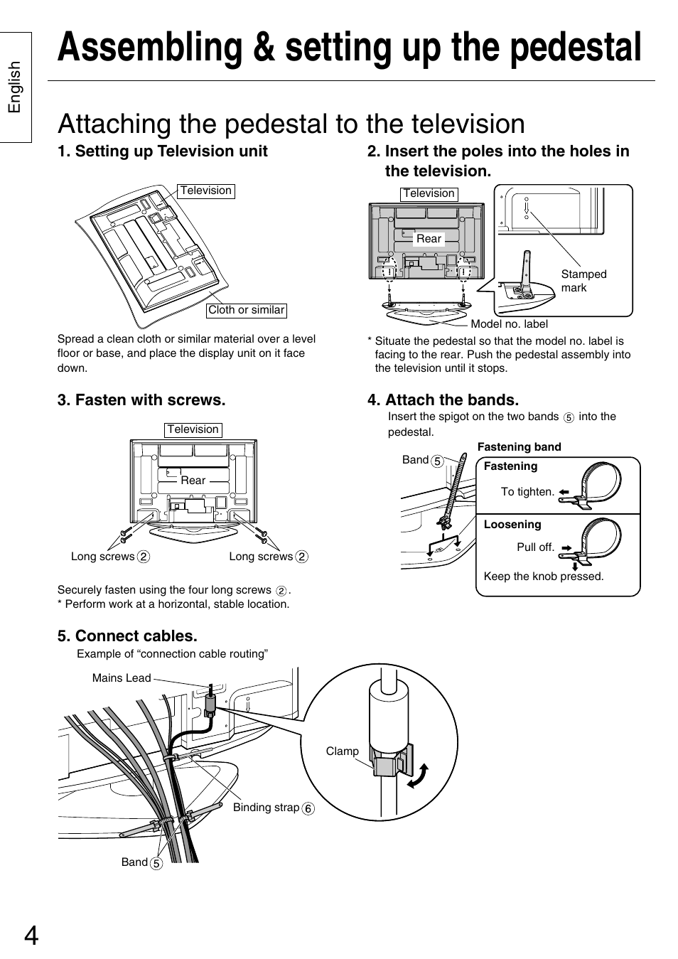 Assembling & setting up the pedestal, Attaching the pedestal to the television | Panasonic TYST42PA50W User Manual | Page 4 / 36