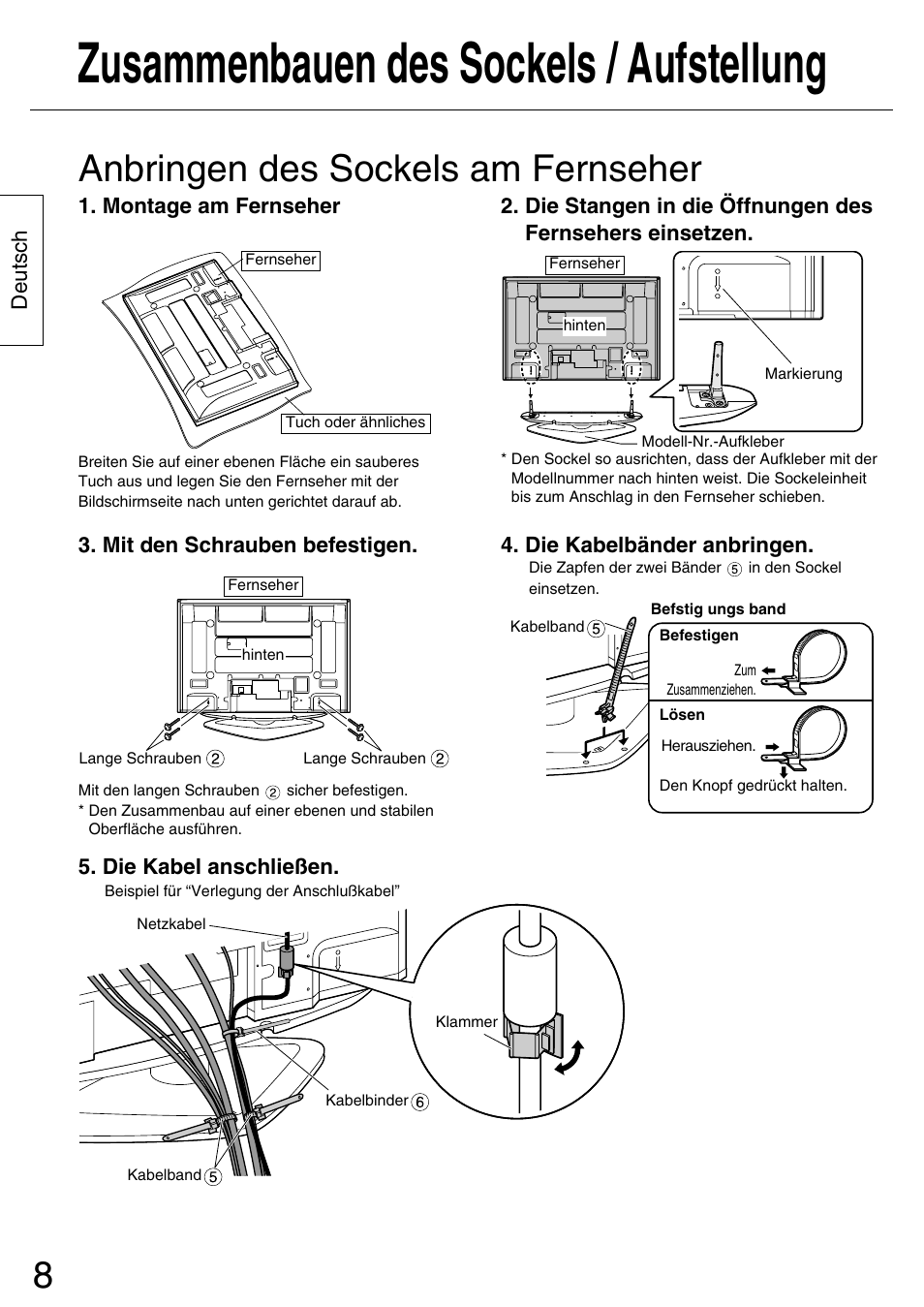 Zusammenbauen des sockels / aufstellung, Anbringen des sockels am fernseher | Panasonic TYST42PA50W User Manual | Page 8 / 36