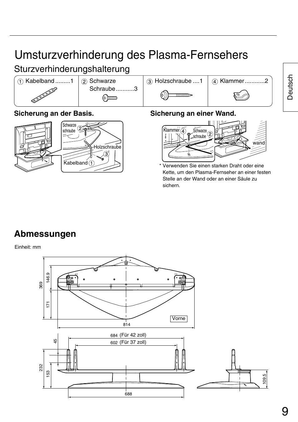 Umsturzverhinderung des plasma-fernsehers, Sturzverhinderungshalterung, Abmessungen | Deutsch, Sicherung an der basis, Sicherung an einer wand | Panasonic TYST42PA50W User Manual | Page 9 / 36