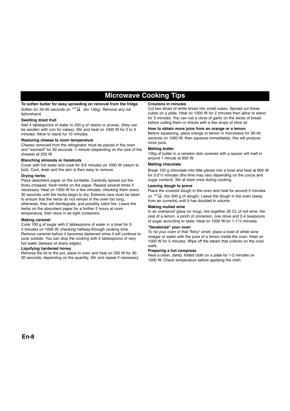 Microwave cooking tips, En-8 | Panasonic NNQ523MF User Manual | Page 10 / 174