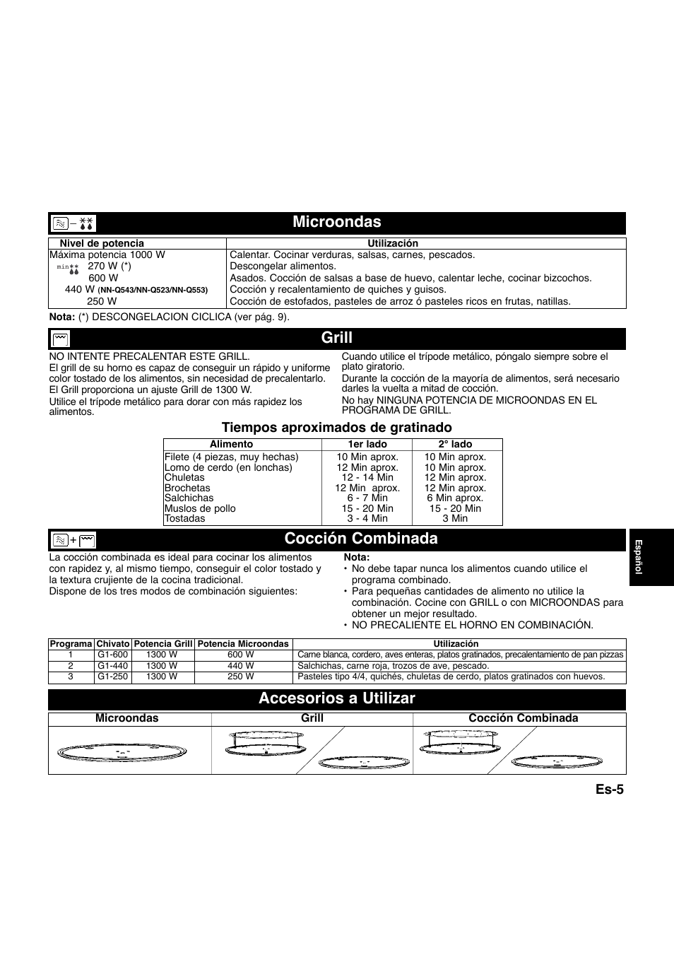 Grill cocción combinada, Microondas accesorios a utilizar, Es-5 | Tiempos aproximados de gratinado | Panasonic NNQ523MF User Manual | Page 102 / 174