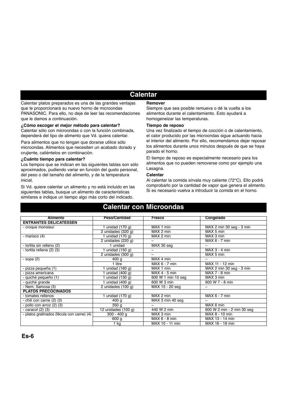 Calentar con microondas calentar, Es-6 | Panasonic NNQ523MF User Manual | Page 103 / 174