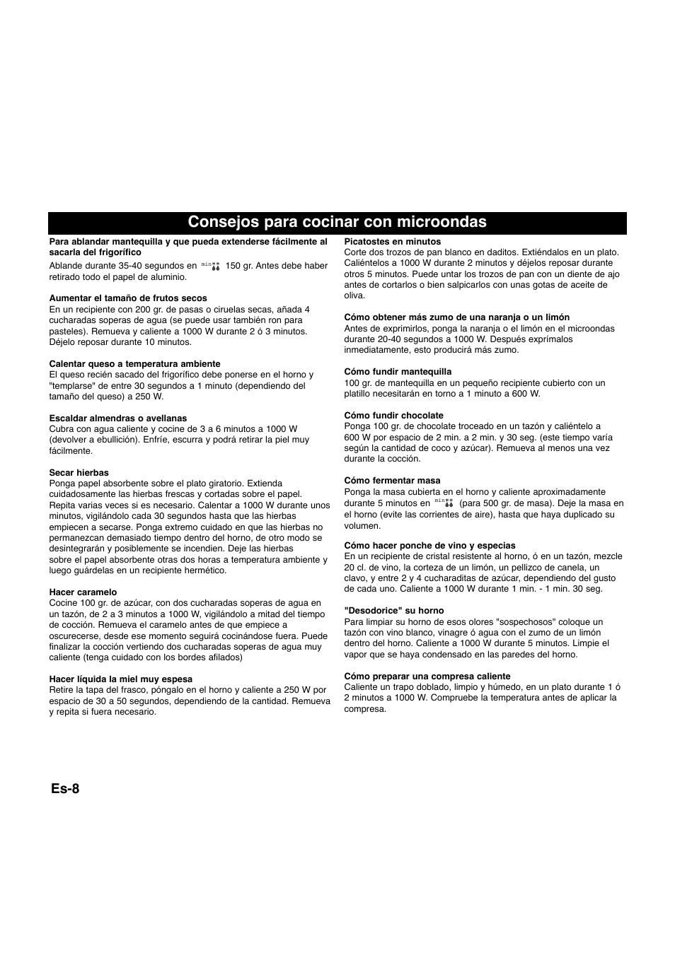 Consejos para cocinar con microondas, Es-8 | Panasonic NNQ523MF User Manual | Page 105 / 174