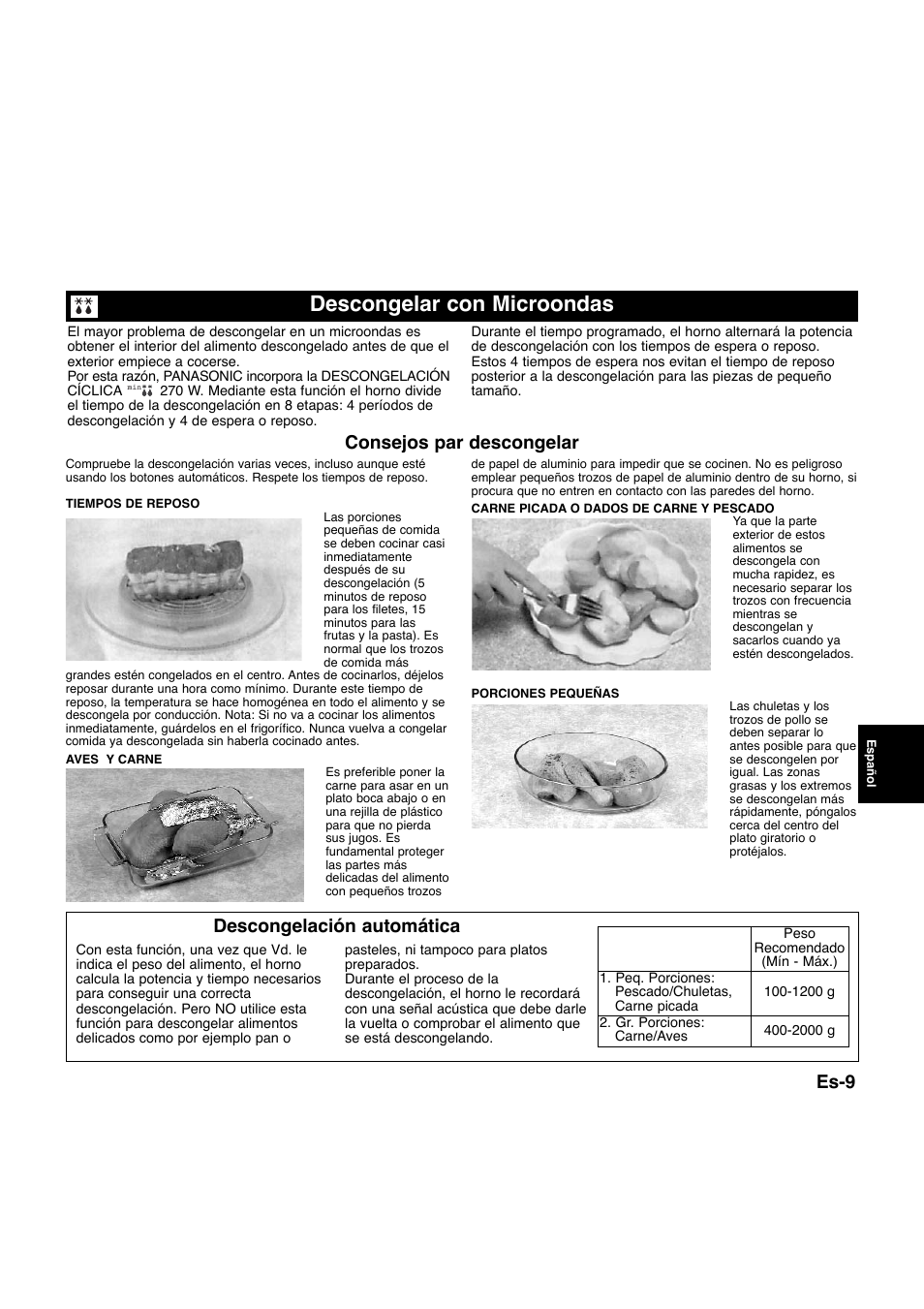 Descongelar con microondas, Es-9, Descongelación automática | Consejos par descongelar | Panasonic NNQ523MF User Manual | Page 106 / 174