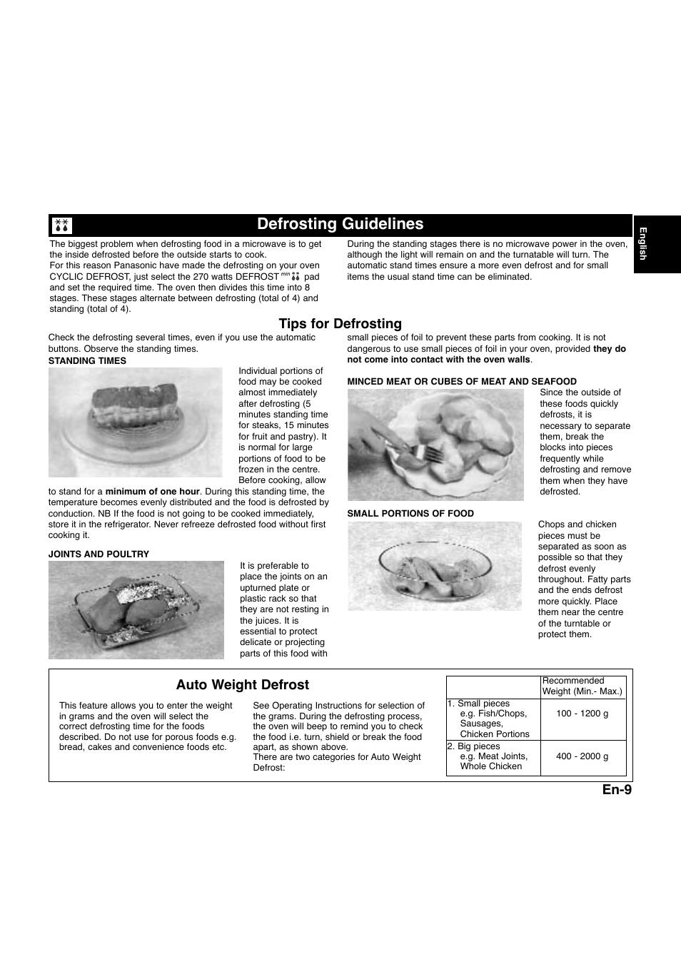 Defrosting guidelines, En-9, Tips for defrosting auto weight defrost | Panasonic NNQ523MF User Manual | Page 11 / 174