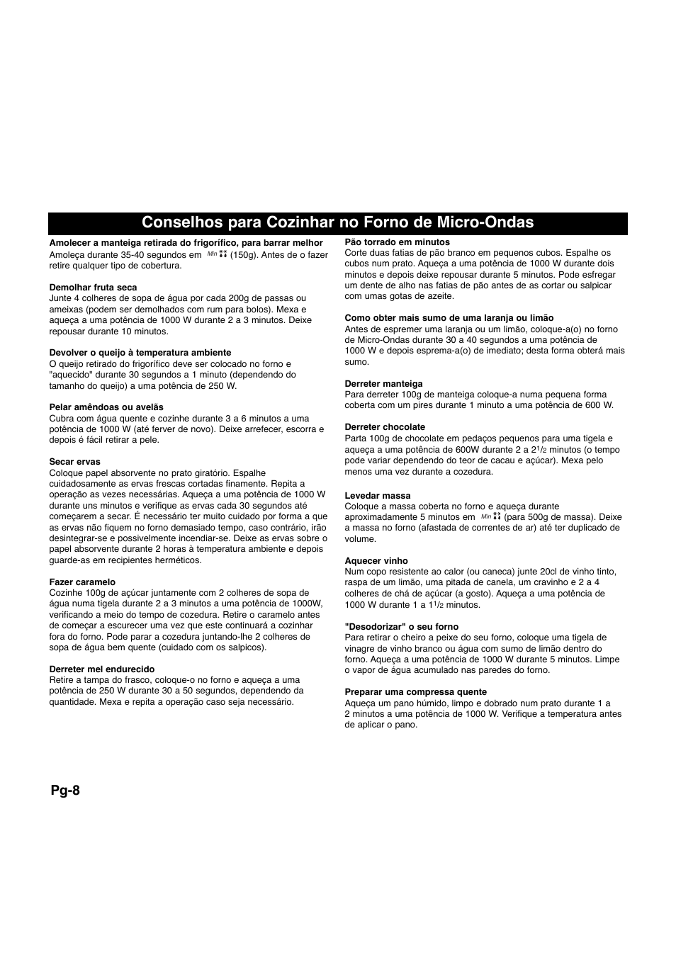Conselhos para cozinhar no forno de micro-ondas, Pg-8 | Panasonic NNQ523MF User Manual | Page 124 / 174