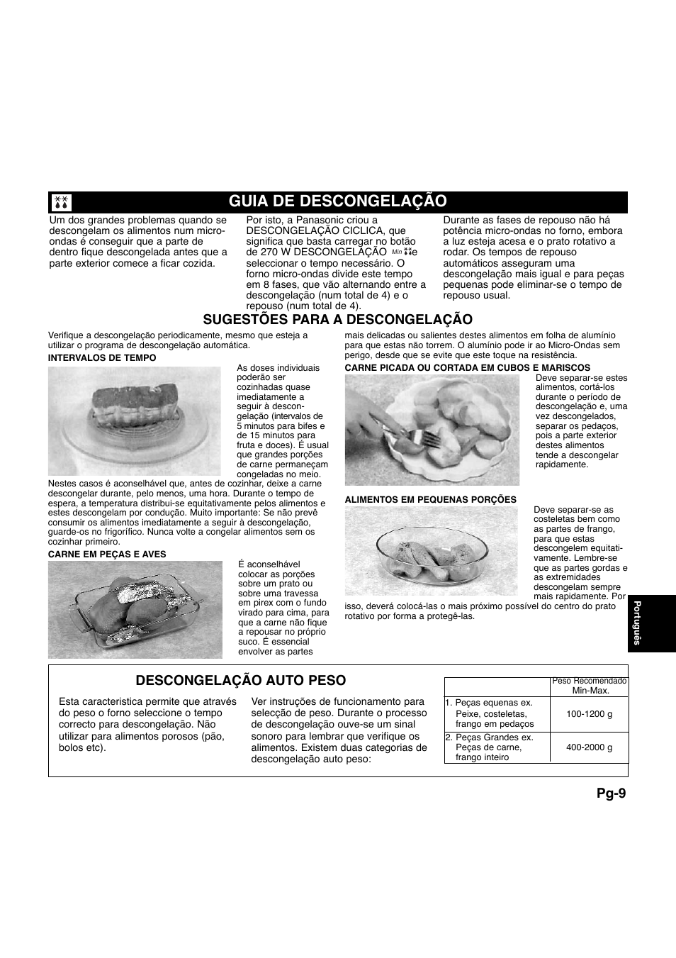 Guia de descongelação, Pg-9, Sugestões para a descongelação | Descongelação auto peso | Panasonic NNQ523MF User Manual | Page 125 / 174