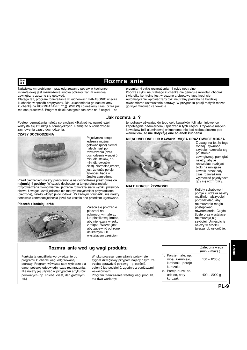 Rozmra anie, Pl-9, Jak rozmra a | Rozmra anie wed ug wagi produktu | Panasonic NNQ523MF User Manual | Page 144 / 174