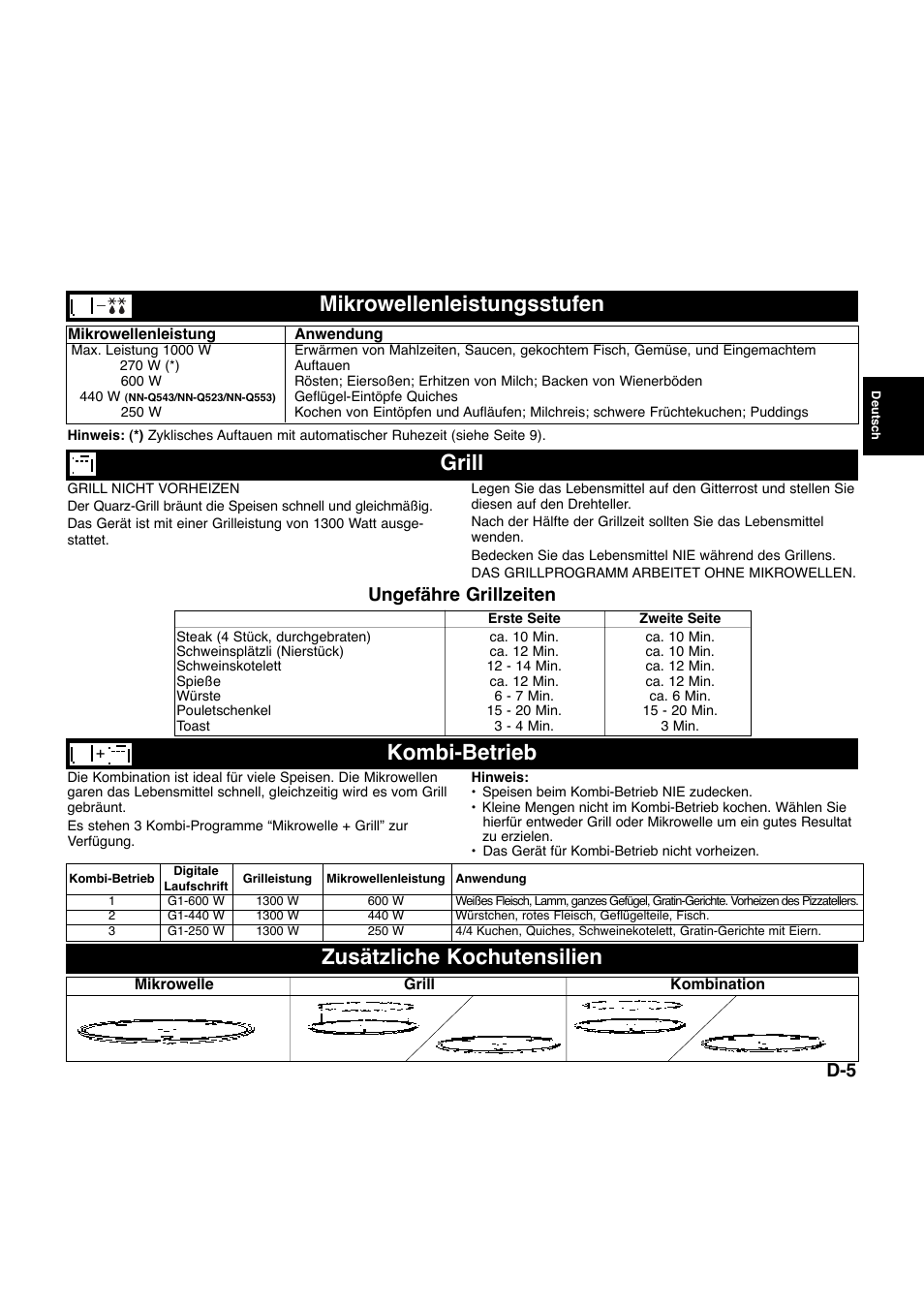 Grill kombi-betrieb, D-5 ungefähre grillzeiten | Panasonic NNQ523MF User Manual | Page 26 / 174