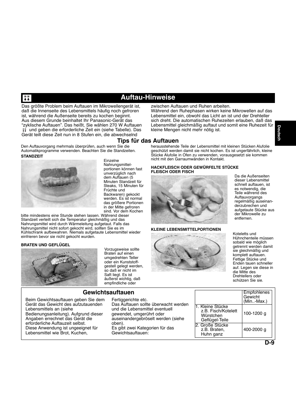 Auftau-hinweise, Gewichtsauftauen, Tips für das auftauen | Panasonic NNQ523MF User Manual | Page 30 / 174