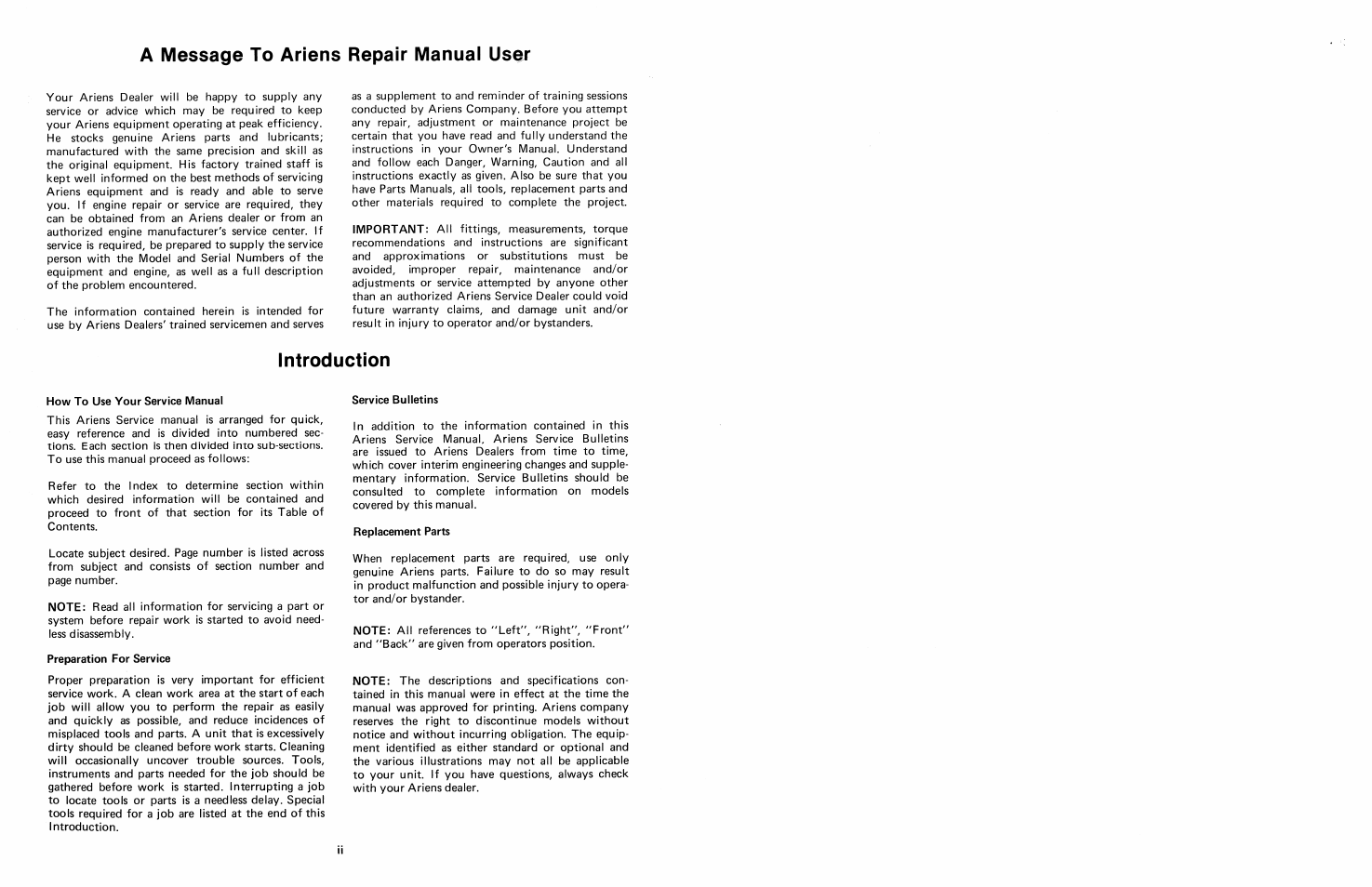 A message to ariens repair manuai user, Introduction | Ariens 924 User Manual | Page 2 / 72