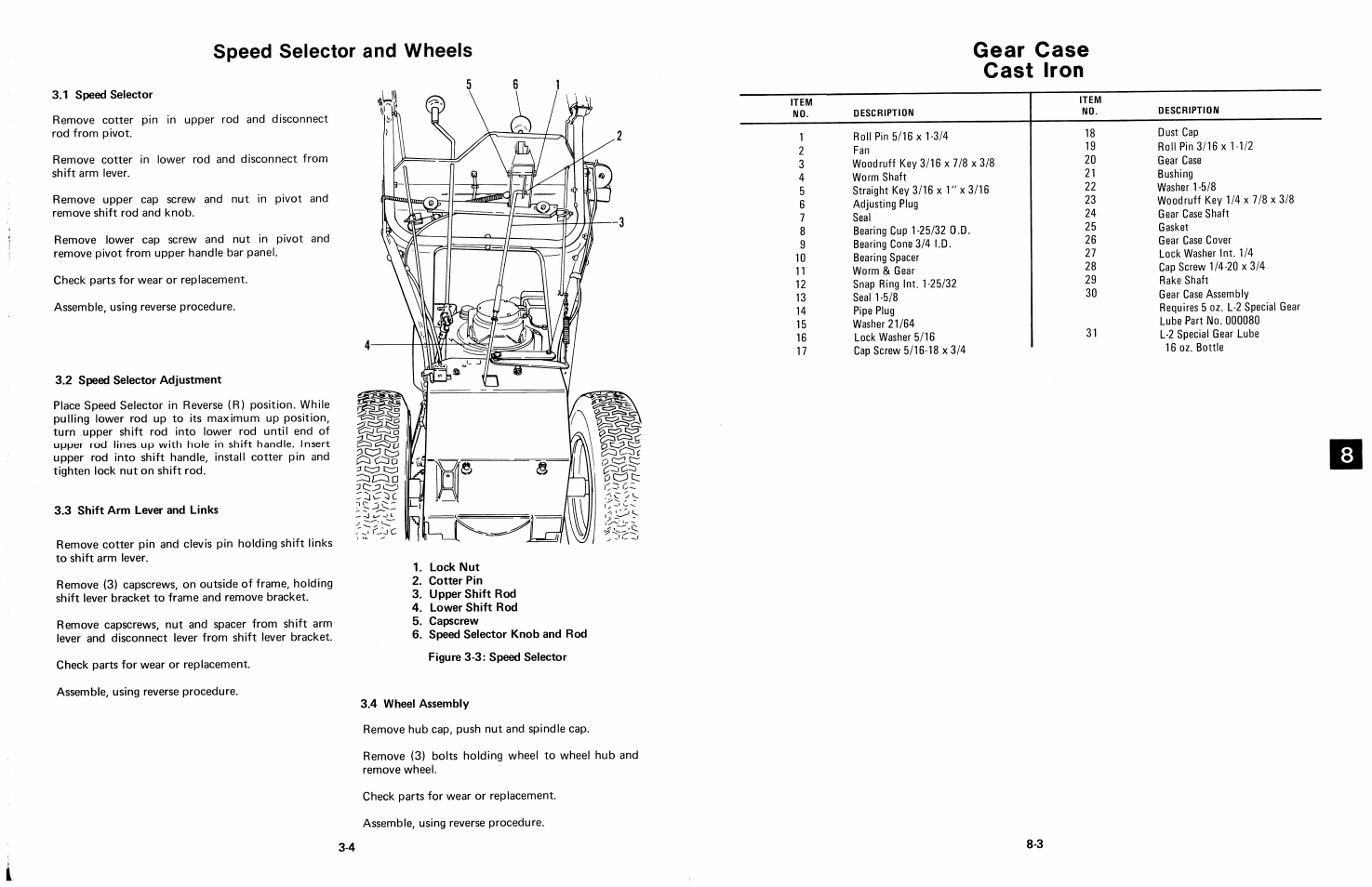 1 speed selector, 2 speed selector adjustment, 3 shift arm lever and links | Lock nut, Cotter pin, Upper shift rod, Lower shift rod, Capscrew, 4 wheel assembly, 2 speed selector adjustment -4 | Ariens 924 User Manual | Page 24 / 72