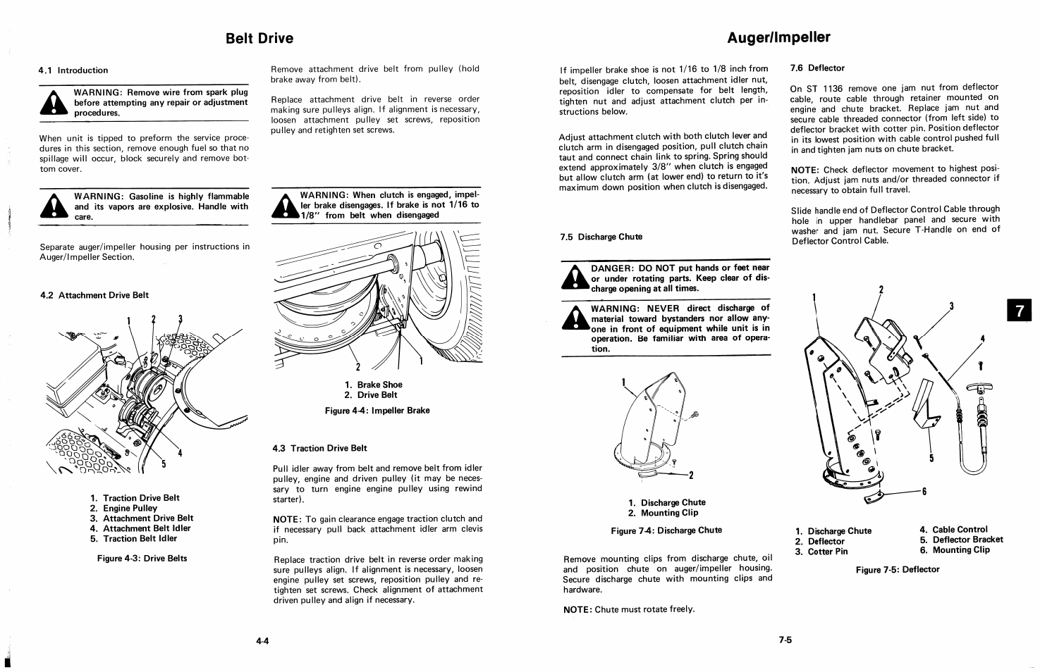 5 discharge chute, 6 deflector, Discharge chute | Mounting clip, Figure 7-4: discharge chute, Deflector, Cotter pin, Cable control, Deflector bracket, Figure 7-5: deflector | Ariens 924 User Manual | Page 47 / 72