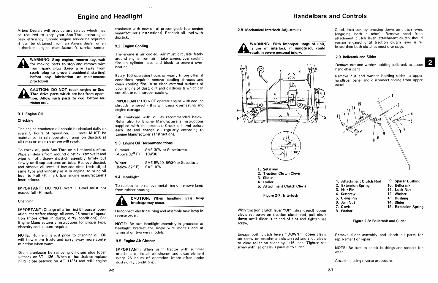 1 engine oil checking, Changing, 2 engine cooling | 3 engine oil recommendations, 4 headlight, 5 engine air cleaner, Engine and headlight | Ariens 924 User Manual | Page 58 / 72