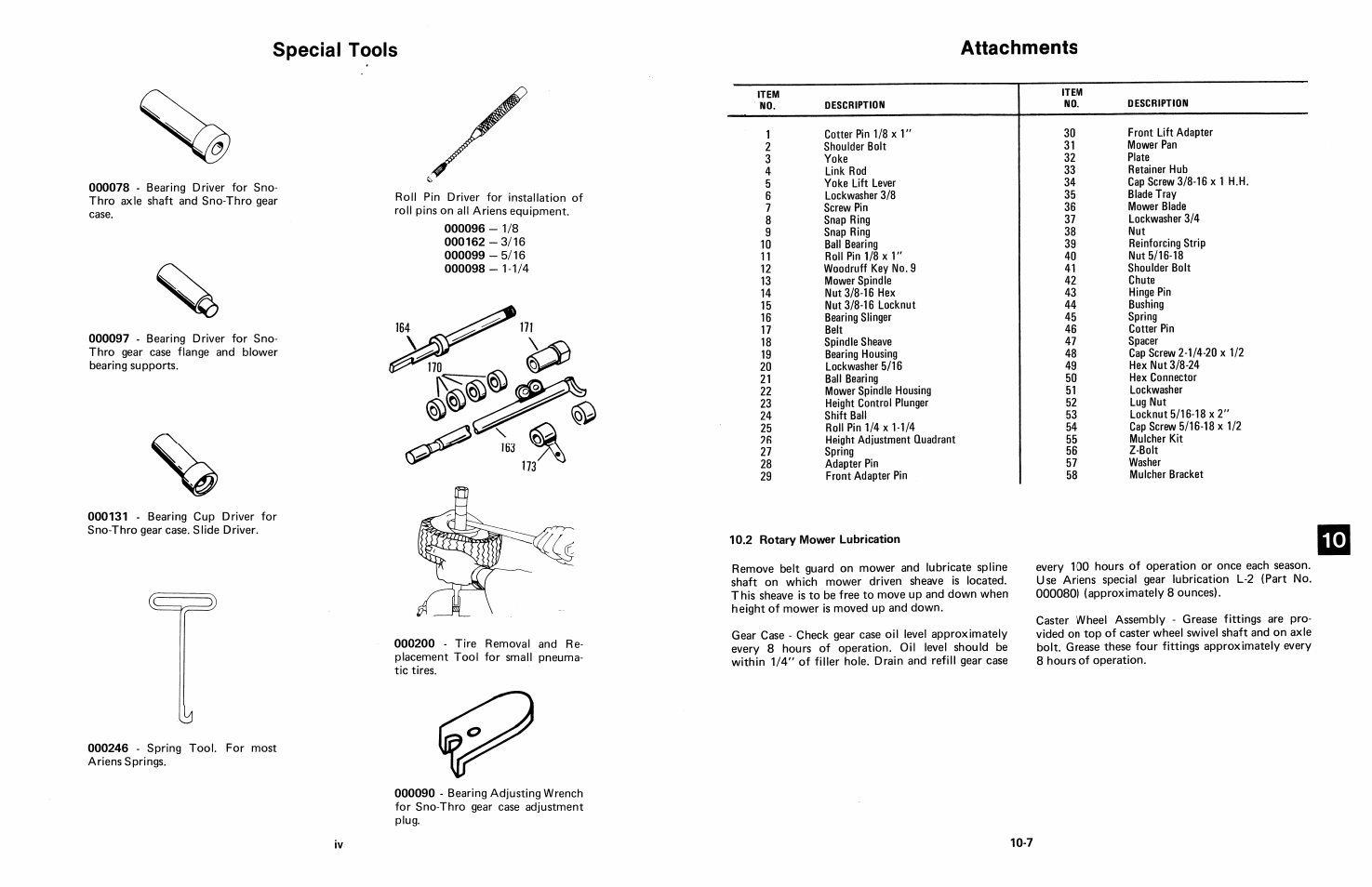 2 rotary mower lubrication, Attachments | Ariens 924 User Manual | Page 69 / 72