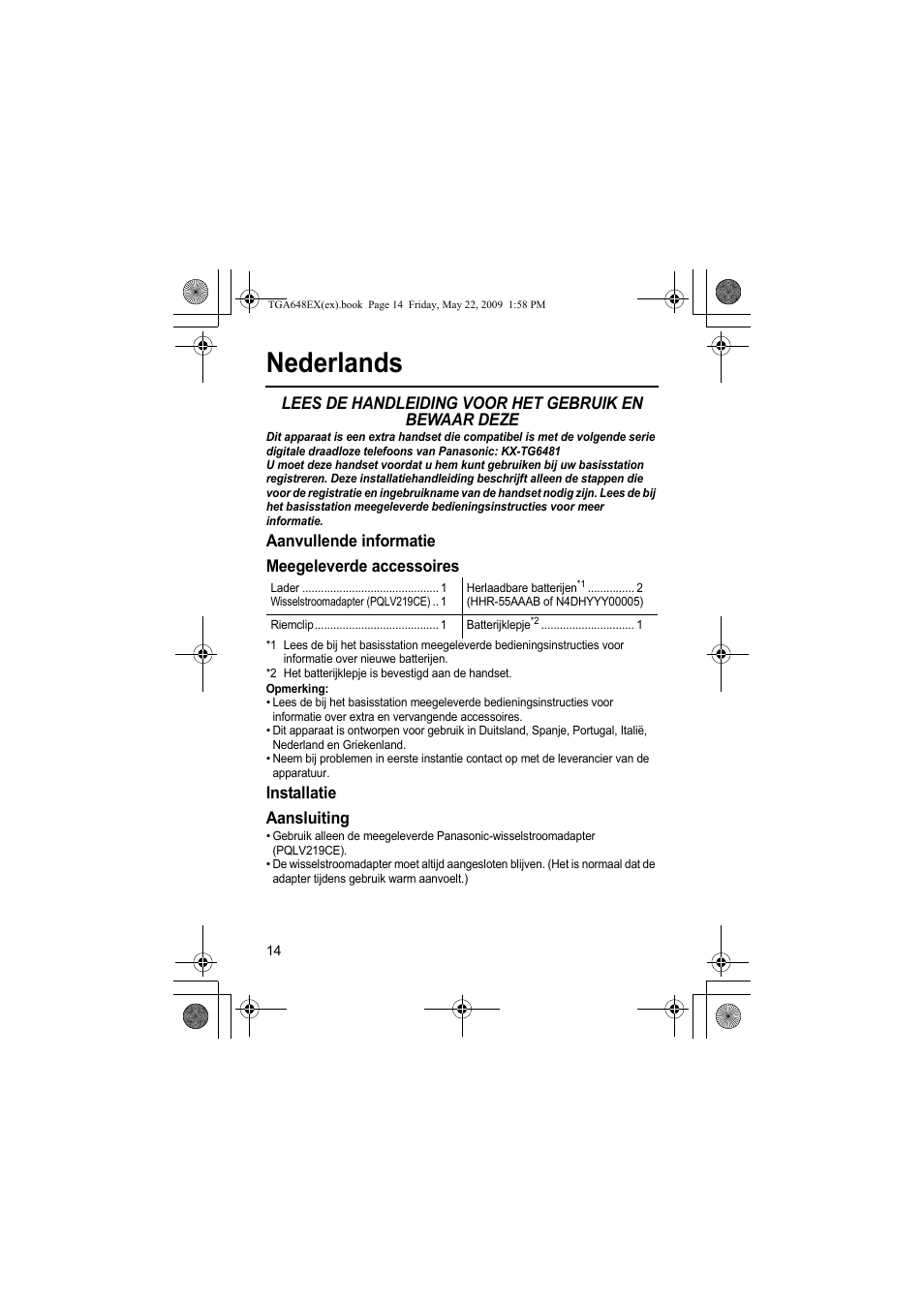 Nederlands, Aanvullende informatie meegeleverde accessoires, Installatie aansluiting | Panasonic KXTGA648EX User Manual | Page 14 / 44