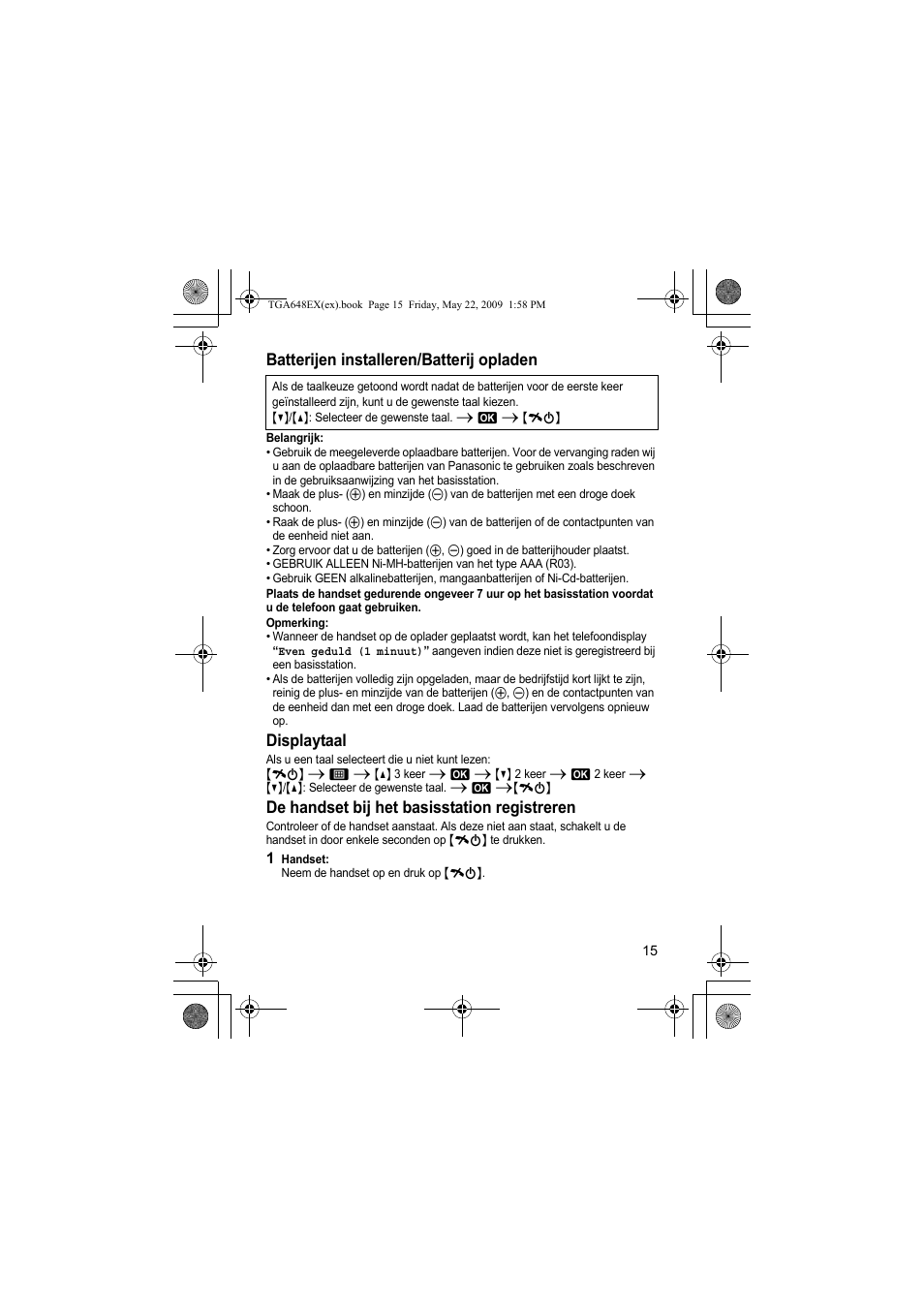 Batterijen installeren/batterij opladen, Displaytaal, De handset bij het basisstation registreren | Panasonic KXTGA648EX User Manual | Page 15 / 44