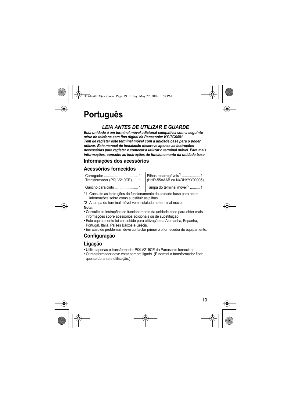 Português, Leia antes de utilizar e guarde, Informações dos acessórios acessórios fornecidos | Configuração ligação | Panasonic KXTGA648EX User Manual | Page 19 / 44