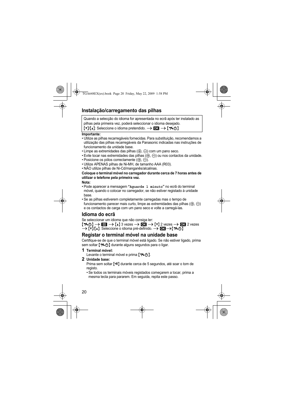 Instalação/carregamento das pilhas, Idioma do ecrã, Registar o terminal móvel na unidade base | Panasonic KXTGA648EX User Manual | Page 20 / 44