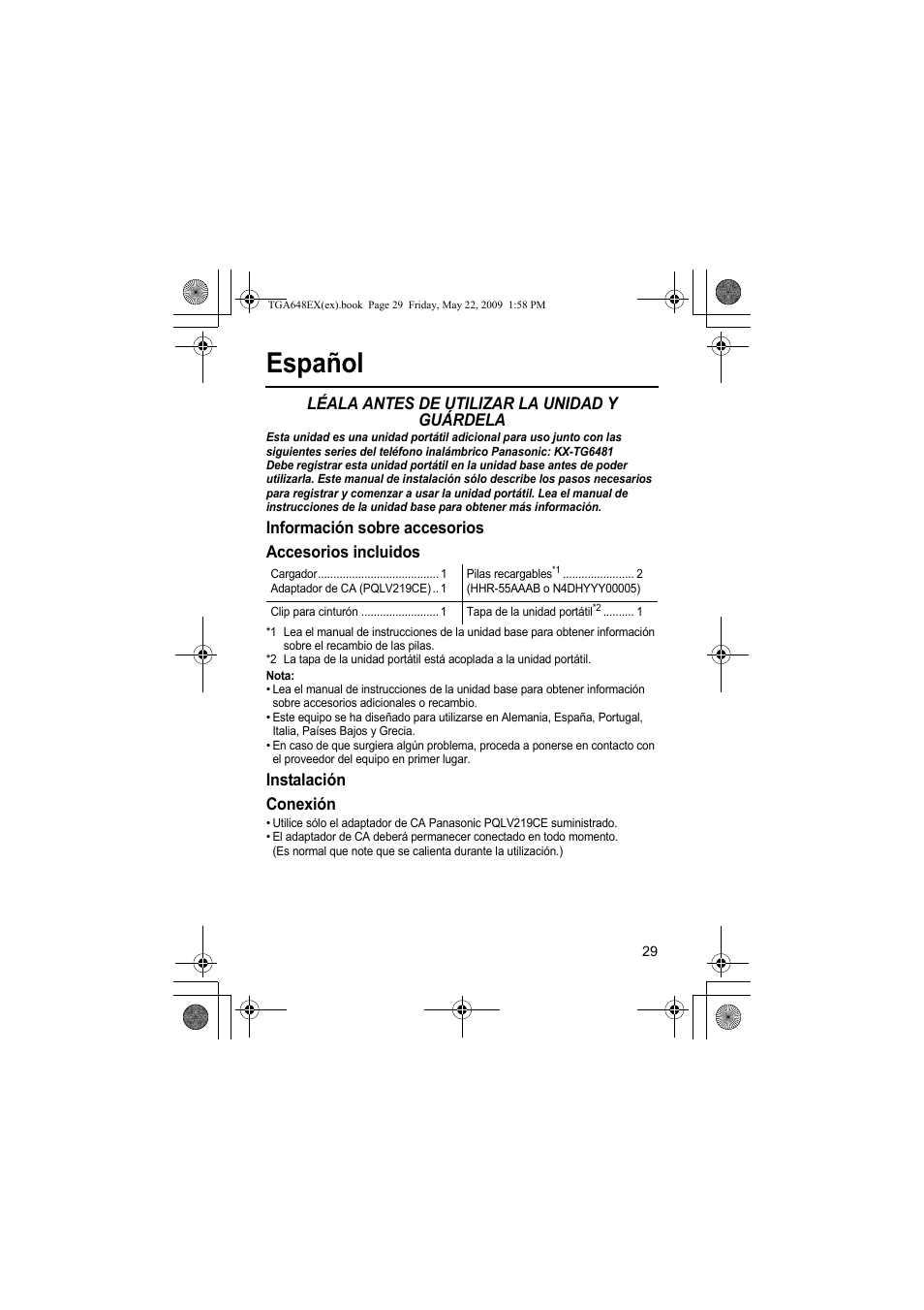 Español, Léala antes de utilizar la unidad y guárdela, Información sobre accesorios accesorios incluidos | Instalación conexión | Panasonic KXTGA648EX User Manual | Page 29 / 44