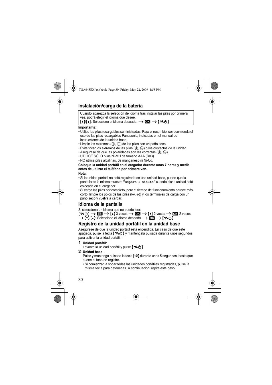 Instalación/carga de la batería, Idioma de la pantalla, Registro de la unidad portátil en la unidad base | Panasonic KXTGA648EX User Manual | Page 30 / 44