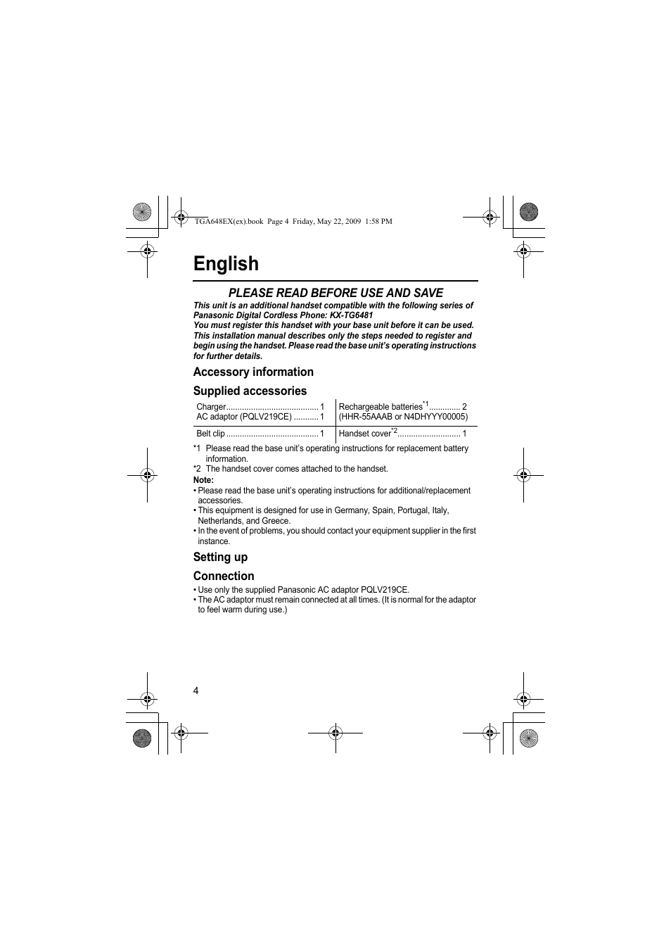 English, Please read before use and save, Accessory information supplied accessories | Setting up connection | Panasonic KXTGA648EX User Manual | Page 4 / 44