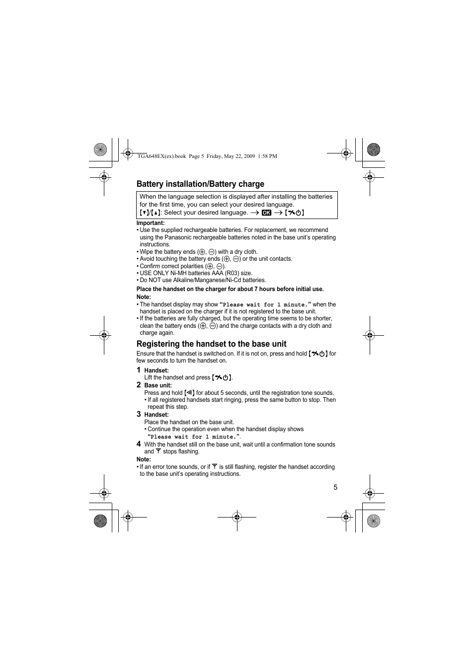 Battery installation/battery charge, Registering the handset to the base unit | Panasonic KXTGA648EX User Manual | Page 5 / 44