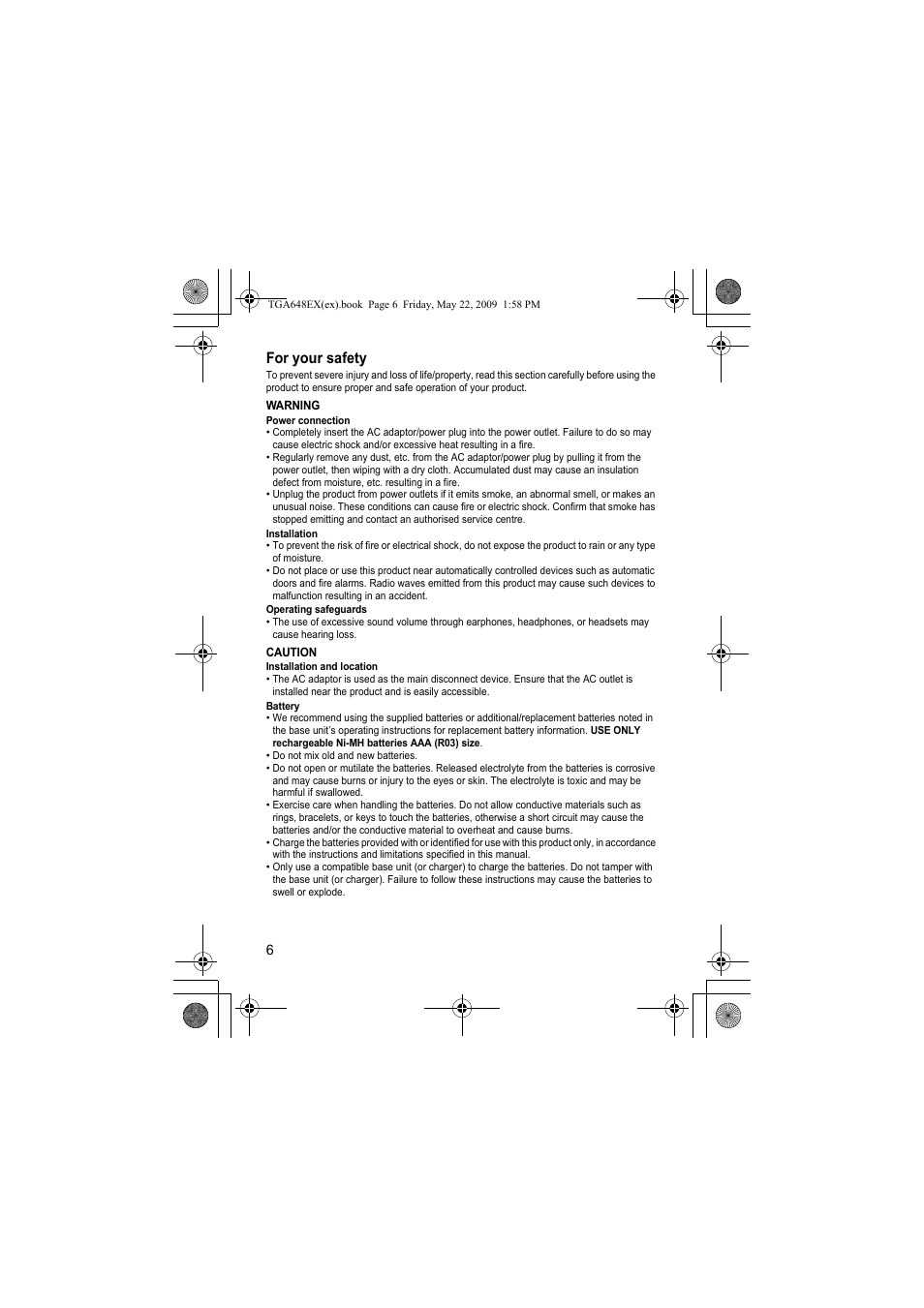 For your safety | Panasonic KXTGA648EX User Manual | Page 6 / 44