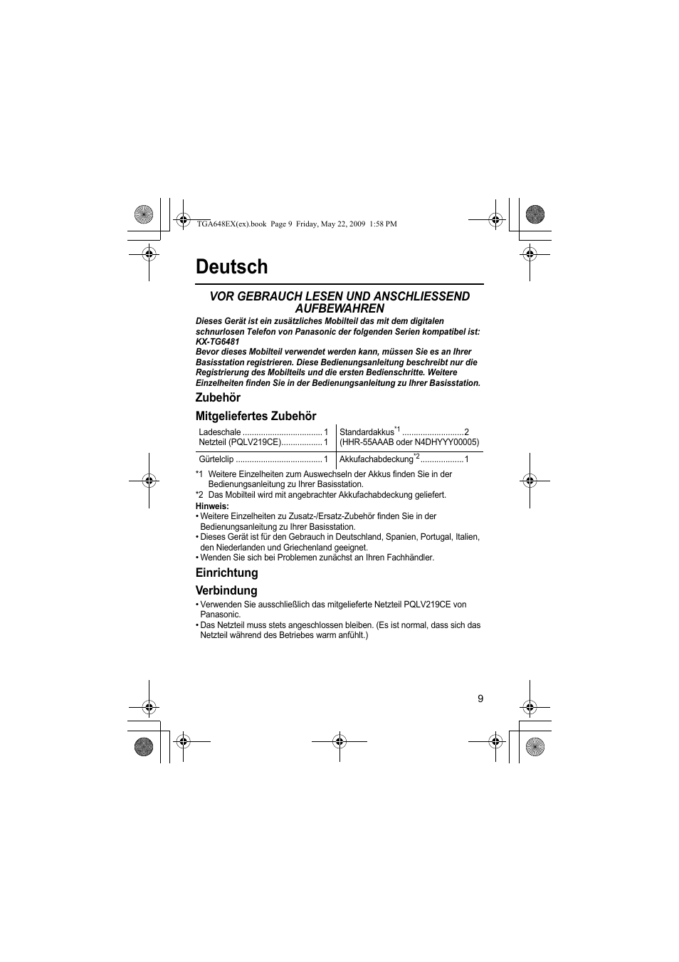 Deutsch, Vor gebrauch lesen und anschliessend aufbewahren, Zubehör mitgeliefertes zubehör | Einrichtung verbindung | Panasonic KXTGA648EX User Manual | Page 9 / 44