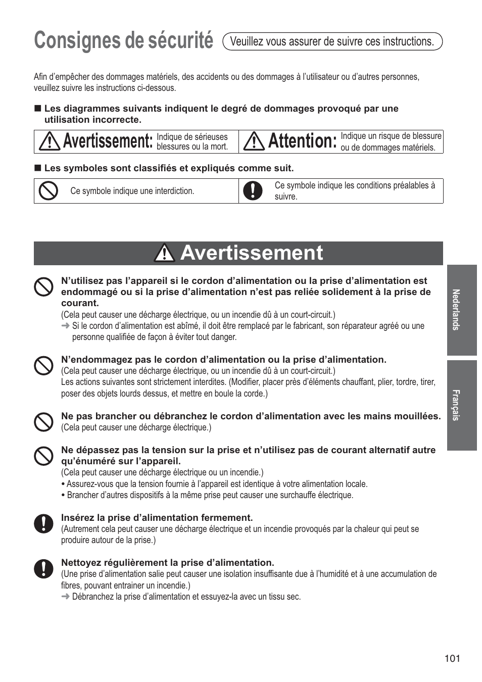 Consignes de sécurité, Avertissement, Attention | Veuillez vous assurer de suivre ces instructions | Panasonic SD2501WXA User Manual | Page 101 / 200