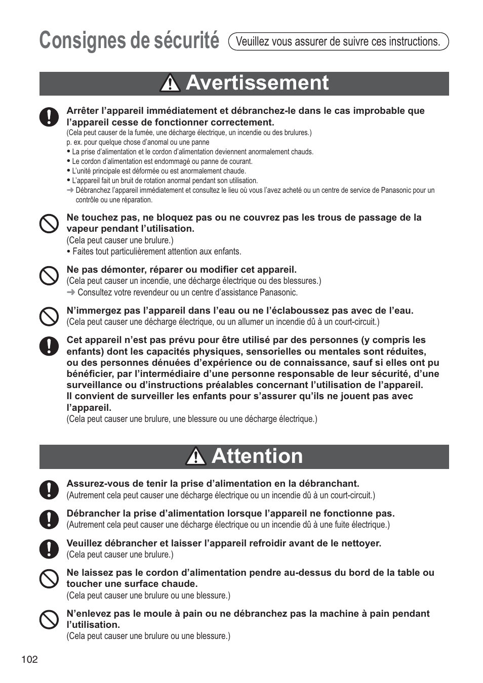 Consignes de sécurité, Avertissement, Attention | Veuillez vous assurer de suivre ces instructions | Panasonic SD2501WXA User Manual | Page 102 / 200