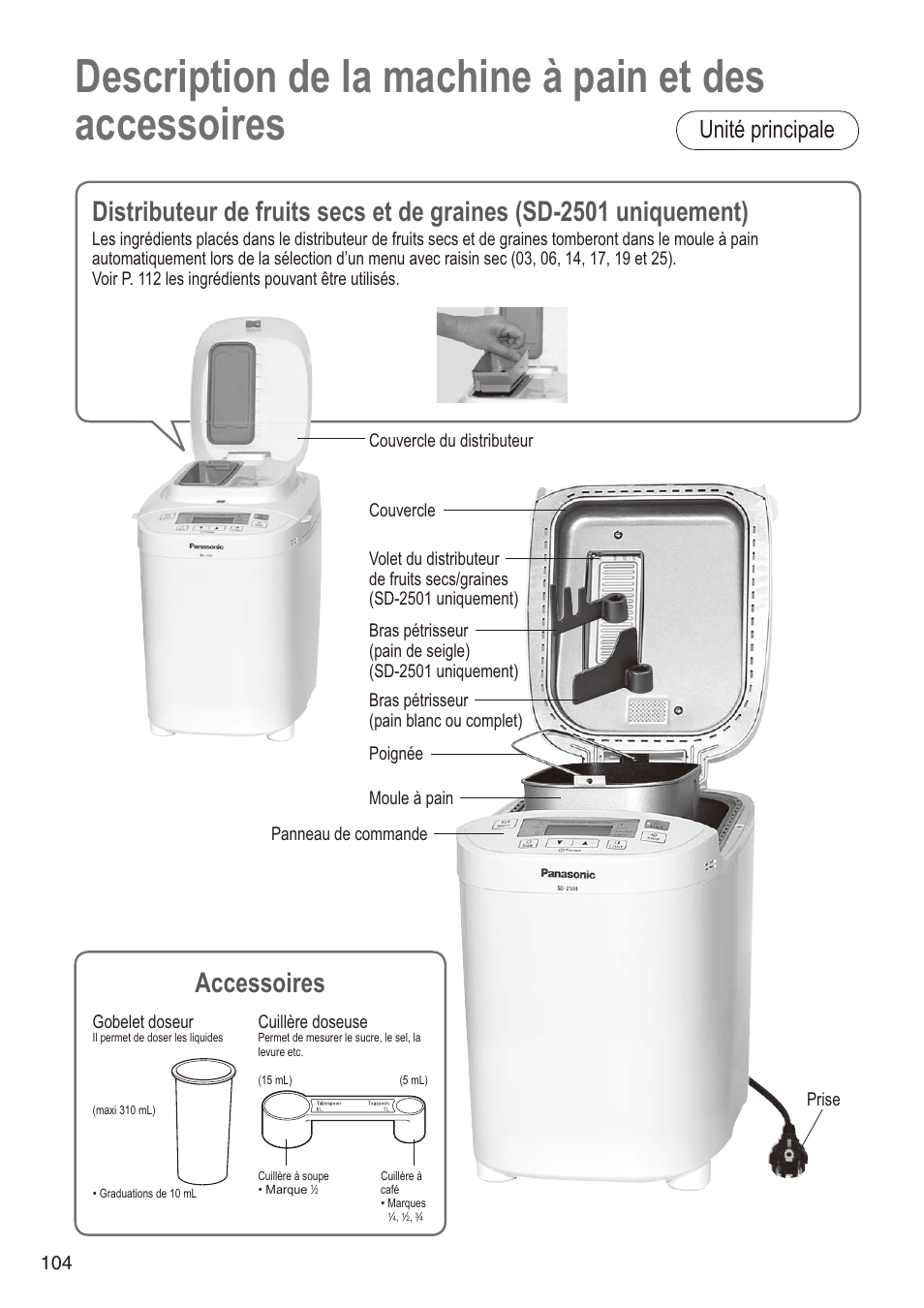 Accessoires, Unité principale, Gobelet doseur | Cuillère doseuse | Panasonic SD2501WXA User Manual | Page 104 / 200