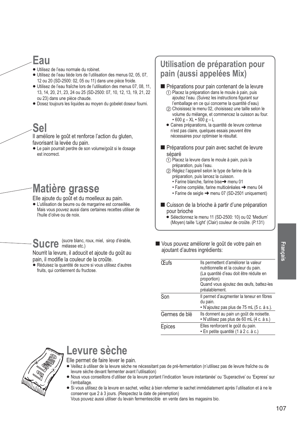 Matière grasse, Sucre, Levure sèche | Panasonic SD2501WXA User Manual | Page 107 / 200