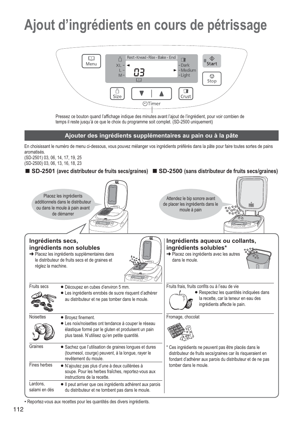 Ajout d’ingrédients en cours de pétrissage | Panasonic SD2501WXA User Manual | Page 112 / 200