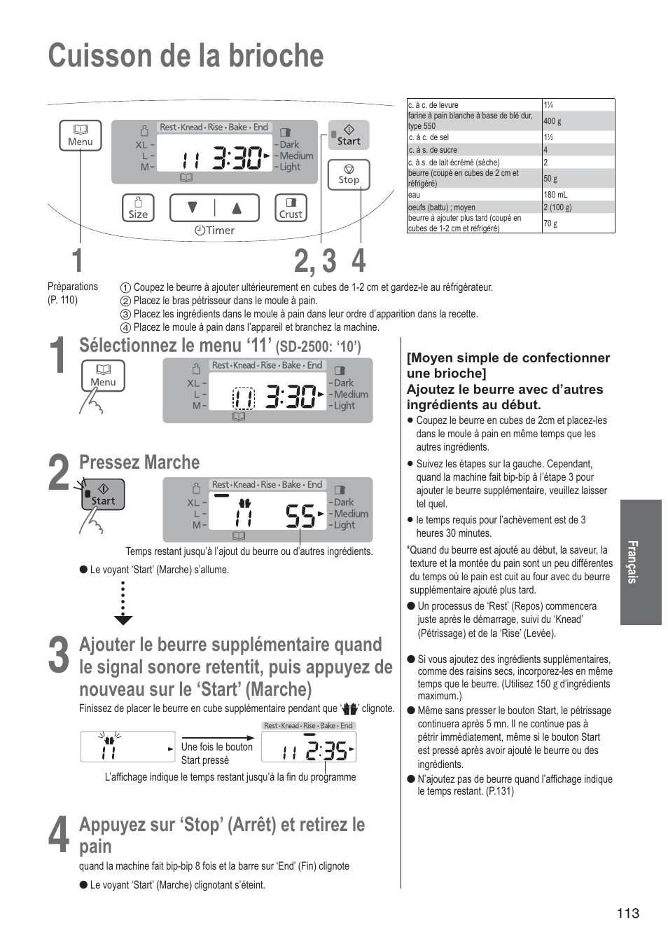 Cuisson de la brioche 1 4 2, 3, Sélectionnez le menu ‘11, Pressez marche | Ajouter le beurre supplémentaire quand, Appuyez sur ‘stop’ (arrêt) et retirez le, Pain | Panasonic SD2501WXA User Manual | Page 113 / 200