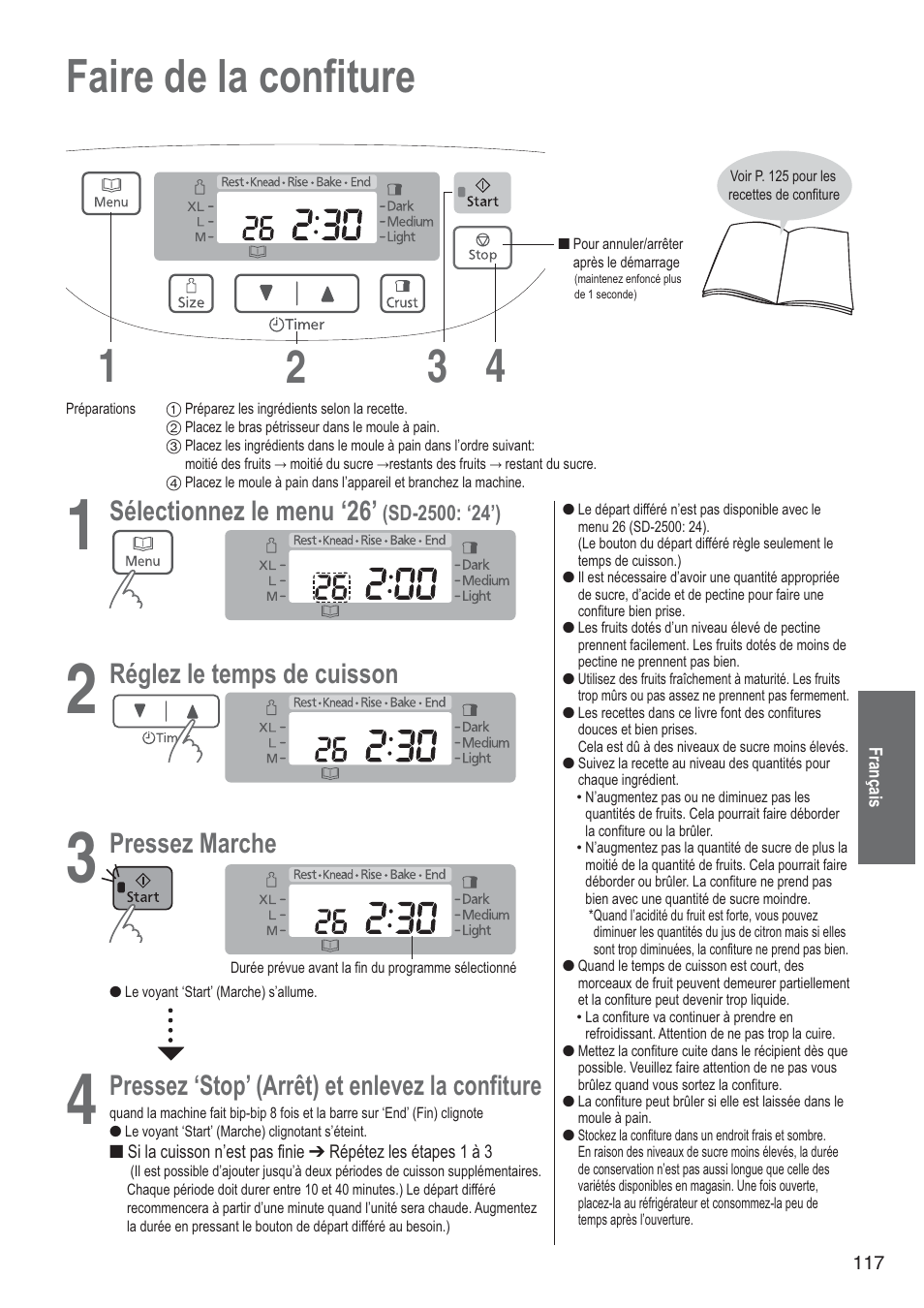 Faire de la confiture 1 4 2 3, Sélectionnez le menu ‘26, Réglez le temps de cuisson | Pressez marche, Pressez ‘stop’ (arrêt) et enlevez la confiture | Panasonic SD2501WXA User Manual | Page 117 / 200