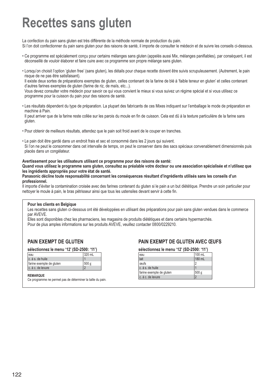 Recettes sans gluten, Pain exempt de gluten, Pain exempt de gluten avec œufs | Panasonic SD2501WXA User Manual | Page 122 / 200