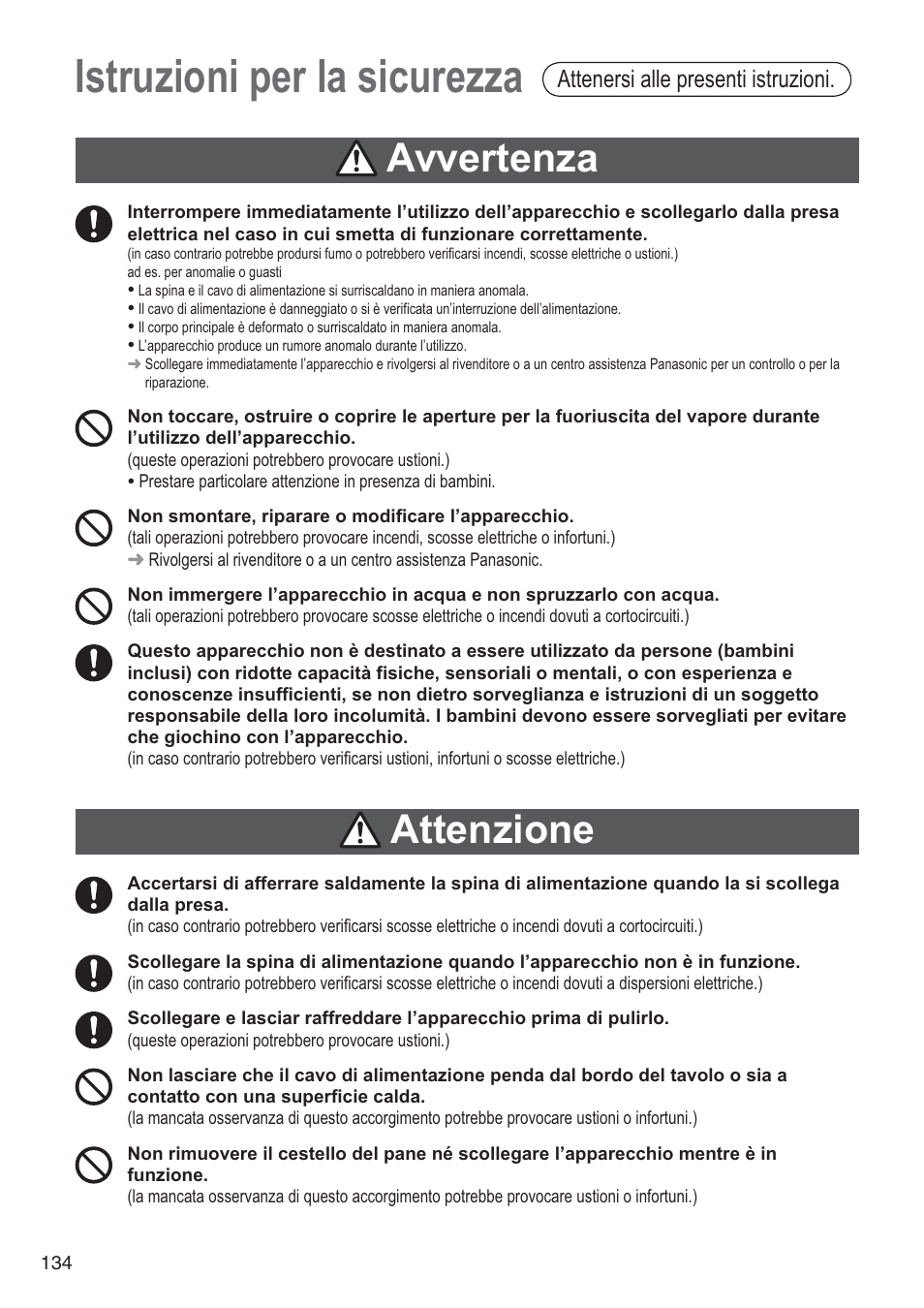 Istruzioni per la sicurezza, Avvertenza, Attenzione | Attenersi alle presenti istruzioni | Panasonic SD2501WXA User Manual | Page 134 / 200