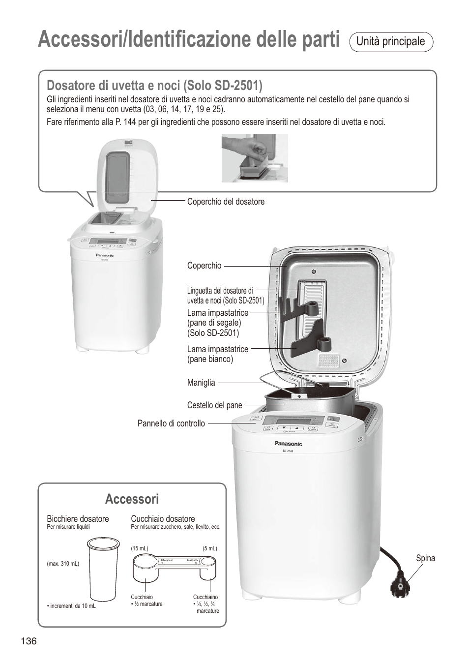 Accessori/identificazione delle parti, Dosatore di uvetta e noci (solo sd-2501), Accessori | Unità principale, Bicchiere dosatore, Cucchiaio dosatore | Panasonic SD2501WXA User Manual | Page 136 / 200