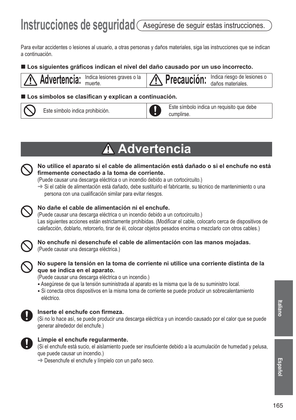 Instrucciones de seguridad, Advertencia, Precaución | Asegúrese de seguir estas instrucciones | Panasonic SD2501WXA User Manual | Page 165 / 200