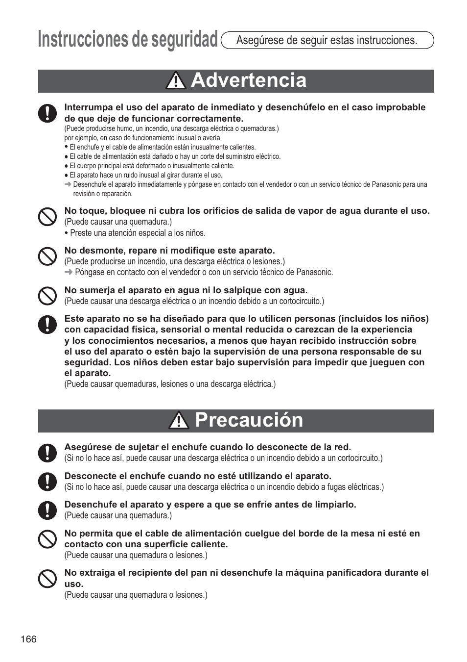 Instrucciones de seguridad, Advertencia, Precaución | Asegúrese de seguir estas instrucciones | Panasonic SD2501WXA User Manual | Page 166 / 200